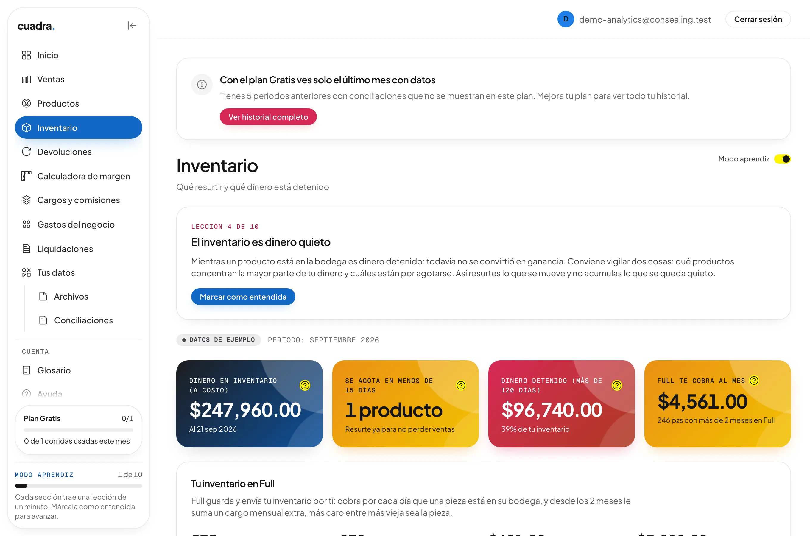 Pantalla de Inventario de cuadra con dinero en inventario, productos por agotarse y dinero detenido, con datos de ejemplo